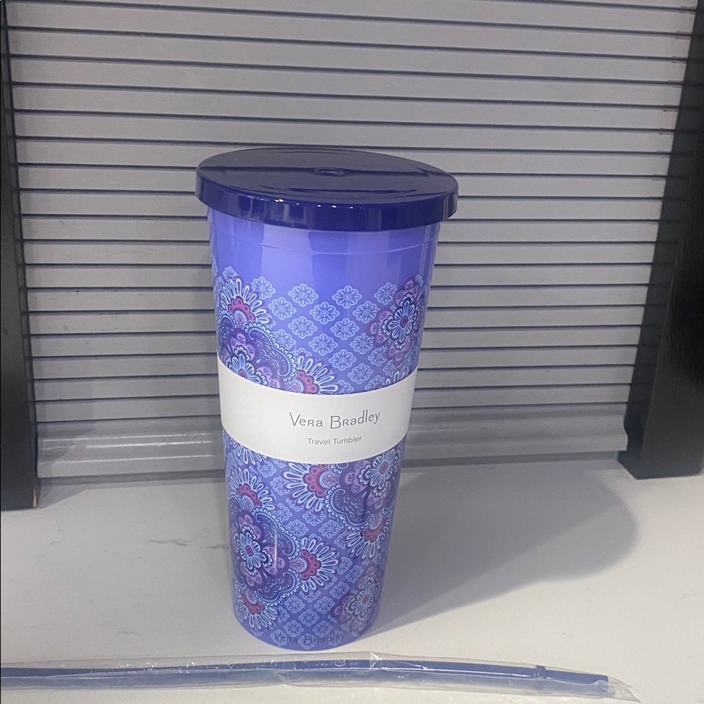 💜Vera Bradley Travel Tumbler Double Wall w/straw, “Lilac Tapestry”Blue & Lilac